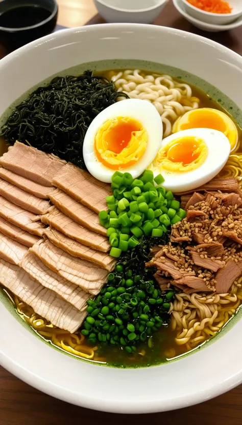 bowl of steaming hot ramen noodles, with a variety of toppings including sliced pork, boiled egg, green onions, and a sheet of nori (dried seaweed). The broth looks rich and flavorful, likely made from a combination of chicken, pork, and dashi.