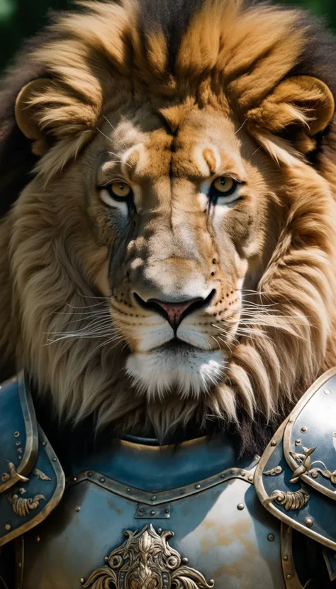 a lion in armor poses for a picture, cinematic close shot