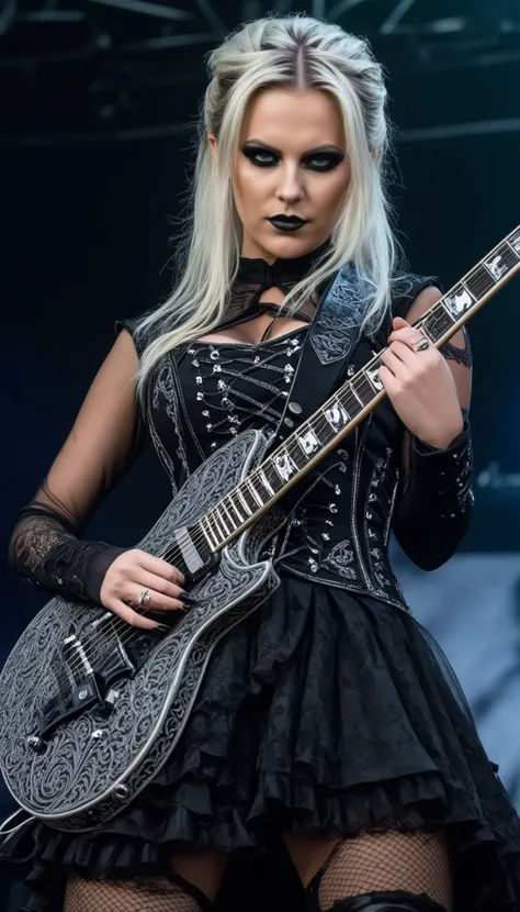 swedish metal rock girl holding a guitar, intense stare into camera, with gothic make-up, intricate details, highly detailed eyes, fancy hair and dark gothic dress, flash photo, on stage, intricate details