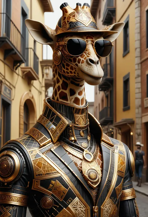anthro giraffe, wearing a cyber suit, cowboy hat and sunglasses in an old town <lora:dvr-frft:0.8> dvr-frft