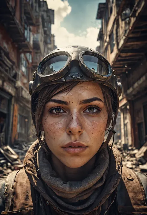 HDR photo of retro post-apocalyptic person, wide shot and from below, volumetric lighting . High dynamic range, vivid, rich details, clear shadows and highlights, realistic, intense, enhanced contrast, highly detailed,