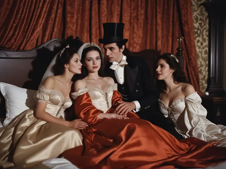 count dracula and his three brides hugging on a bed while sitting, dracula is wearing a top hat while his brides wearing whit silk gowns BREAK film still from 70s exploitation movie . highly detailed, high budget, cinemascope, 35mm film, stained, epic, sharp focus, film grain, grainy