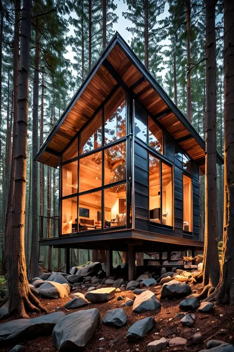 clear sharp photo full tree quarter view of Cabin Structure house,modernn hitech style,accent light,glossy,reflection,refraction,albedo,metallic,