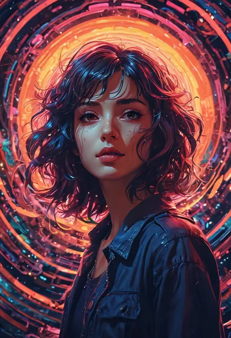 psychedelic style 3d style anime artwork, Experience a mesmerising raypunk person, vignette rendered through a glitch art abstraction, captured from a sweeping overhead view, bathed in hypnotising volumetric lighting - a visual delight reminiscent of retro-futurism and digital dissonance, . vibrant colors, swirling patterns, abstract forms, surreal, trippy,