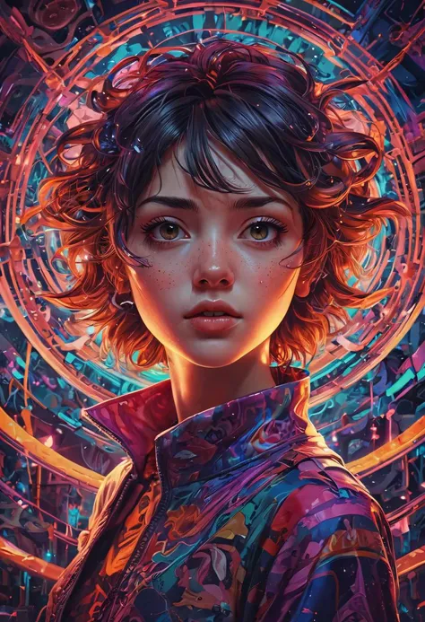 psychedelic style 3d style anime artwork, Experience a mesmerising raypunk person, vignette rendered through a glitch art abstraction, captured from a sweeping overhead view, bathed in hypnotising volumetric lighting - a visual delight reminiscent of retro-futurism and digital dissonance, . vibrant colors, swirling patterns, abstract forms, surreal, trippy,