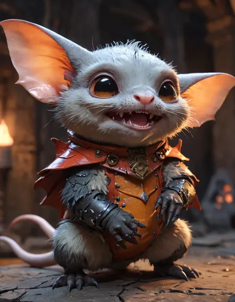 kawaii style big ferocious fantasy sleek rodent organism, grimacing evin grin, quadrumanual, four-fingered hands, short-tailed, luminescent skin, bat-like ears, crab like spiked armor, in an ancient dungeon, dim torch lighting, sharp focus, . cute, adorable, brightly colored, cheerful, anime influence, highly detailed,