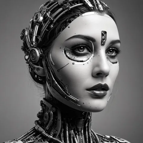 line art drawing avant-garde Mech Dystopia beauty closeup, emphasizing cybernetic makeup looks and futuristic accessories. Utilize controlled lighting to highlight the intricacies of the makeup, creating a visually compelling and high-fashion beauty series with a dystopian edge, 4K, masterpiece , hyper detailed, <lora:add-detail-xl:1>, <lora:volumetric lighting:0.8> Volumetric Lighting Style, <lora:Mech_Dystopia_Style_SDXL:0.5> . professional, sleek, modern, minimalist, graphic, line art, vector graphics