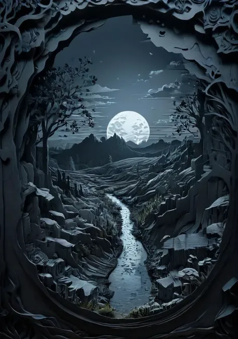 thick layered papercut art, hidden ways in a rural place, moonlit, deep 3D, volumetric, dimensional, depth, thick paper, high stack, heavy texture, tangible layers, surreal, OverallDetail-SDXL, extremely detailed, UHD, <lora:add-detail-xl:1> , <lora:xl_more_art-full_v1:0.5>, <lora:Radiant_Darkness:1>,dark and gray colors, ((from above)), <lora:linquivera:1>