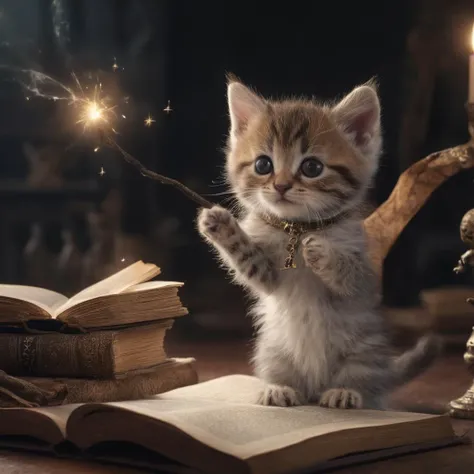 image of a kitten reading an incantation book waving a wand