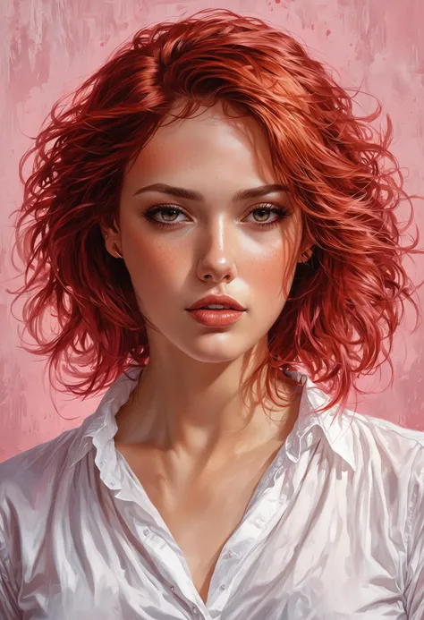 a woman with red hair and a white shirt is shown in this painting style photo with a pink background, Charlie Bowater, stanley artgerm lau, a painting, fantasy art
masterpiece, best quality, depth of field, backlighting, intricate details