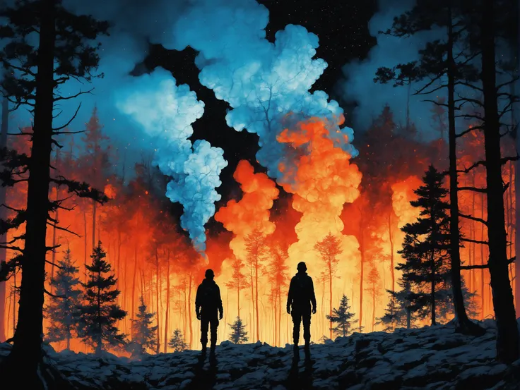 forest fire and the end of mankind dreamscape in your mind, Double exposure effect of ghostly body portrait silhouette, superimposed against burning forest night sky by Conrad Roset, Brandon Kidwell, Andreas Lie, Dan Mountford, Agnes Cecile, Jeremy Mann, oil and ink canvas, fine art, super dramatic light, photoillustration, amazing depth, burning particles, hyperdetailed, iridescent blue fire, intricate detailed, amazing depth, hypervibrant, stunning atmosphere, mesmerizing whimsical vibrant scenery, hypermaximalism (Beautiful Outside, Ugly Inside, Stress and Pain, Beauty and Despair, Hard and Soft, Positive and Negative, Hot and Cold, Sweet and Sour, Vibrant and Dull, Perfect Harmony, Light and Dark, Hot and Cold, Old and Young, Fire and Ice, Yin and Yang, Opposites, Black and white, Smoke and Steam,Hot and Cold, Organic and Mechanical, Corresponding colors, Loud and Quiet, Chaos and Peace, Night and Day:1.2) complex masterwork by head of prompt engineering <lora:add-detail-xl:2>