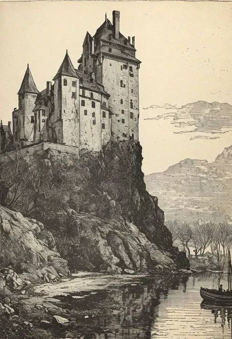 (close-up:3) nosferatu (etching:3)  (max screck) B&W, castle in background (highly detailed:3)