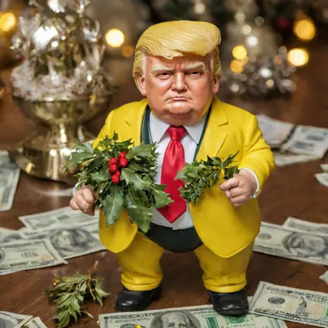 shot of a baby fat donald trump in a bank with a (((yellow))) suite, with (((mistletoe))) in one hand and a wad of banknotes in the other hand, ((Christmas)) decorations in the bank