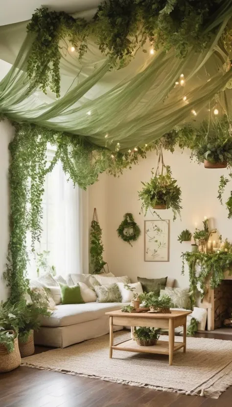 transform the living room into an enchanted forest by hanging sheer, green fabric from the ceiling to create a canopy effect, adding potted plants and trees, and using earthy tones and natural materials for the furniture and decor.
