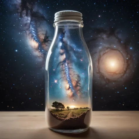a milky way galaxy inside a milk bottle on a table in universe, ultrarealistic photorealistic , 150mm, mysterious, dimensional layers, amazing depth, intricate detailed masterwork by head of prompt engineering <lora:add-detail-xl:2> <lora:xl_more_art-full_v1:0.8>