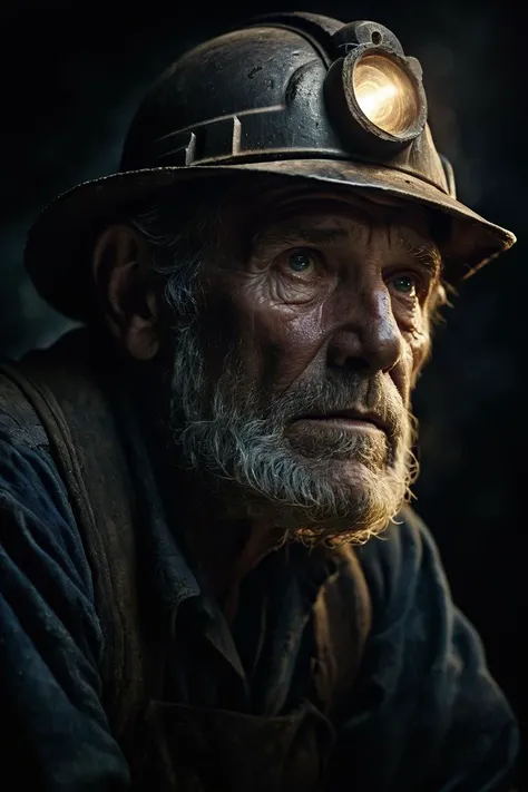 breathtaking cinematic character shot, mysterious alienated (exhausted old miner), staring at the viewer, expressive, emotive, nighttime, dark intricate background, realism, realistic, analog, portrait, photorealistic, (macro crisp face focus:1.4), natural lifelike texture, expressive look, extremely detailed pores and skin texture, by Mario Testino, ultra detailed iris pattern, dark arts, poorly lit, shadow, (cold rim backlight:1.6) desaturated colors, cinematic contrast,