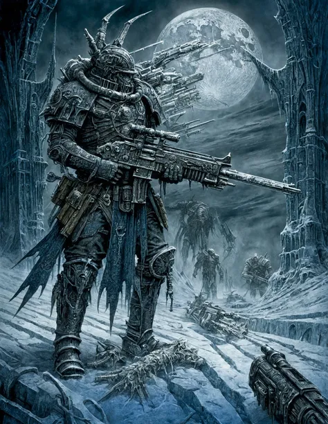 Channelling the dark intricacies of Ian Miller's detailed, nature-meets-machine artistry,John Blanche's atmospheric and sketch-like illustrations, this artwork of Frozen Nightmares: On an icy moon, soldiers with boltguns find themselves stalked by creatures that can freeze their victims with a touch. Amid blizzards, the line between reality and chilling hallucinations blur., john berkey style, g1g3r, gloomy,
<lora:g1g3r:0.3>,<lora:gloomyxl:0.3>,<lora:boltgunxllorav1:0.7>,<lora:jbs:0.5> stands out with its bold silhouettes,high contrast,limited color palette,detailed backgrounds,wild untamed elements,mechanical grotesques.