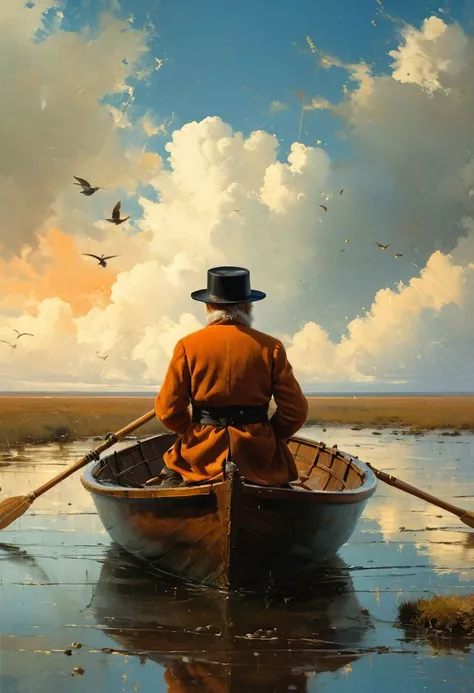 ((masterpiece, best quality, high quality, highres, ultra-detailed)), (the river, the flying birds,Night, rain) , , sky, clouds, sunlight, <lora:soldart:0.6> <lora:AngelicAI:0.1> <lora:add_detail:1>,, against the background of the 
lighthouse, blue sky, , epic clouds, (oil painting:0.1),  (best quality, 8K, high resolution, extreme detail, outstanding composition:1.4), art by Jeremy Mann, god rays, dramatic light,   (oxygen-rich air and sheltered atmosphere, snowy, aesthetic of hard - edge painting:0.1), An russian old man siting in a boat with hares, hares in hands, (buttoned up coat:0.6), (black fur hat:0.5), Wellingtons, full body, oars, oil on canvas, (ivan aivazovsky:0.1), <lora:ClassipeintXL1.9:0.3>, (best quality, high resolution, extreme detail, outstanding composition, masterpiece:1.4),(Event Photography by Anwar Hossain and Terry Deglau:1.2), award winning, Gigginox , (aesthetic of conceptual art with volcanic atmosphere:0.5), screen space reflections (ssr), absolute sharpness, f/11, symmetry and balance, distinctive breathtaking magnum with delicate details, (beige and coral colors:0.1), <lora:MJ52:0.5> <lora:xl_more_art-full_v1:0.5>