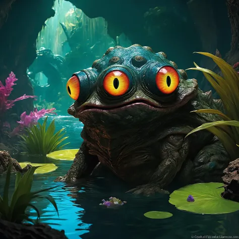 <lora:add-detail-xl:2.0>, scott m. fisher, detailed expressive eyes, fantasy style, depicted is the shadowy glumderg, a curious being with psychic powers emenating from its slurpflapping ufti, it likes to lay in ambush within the tranquil ponds of the lush fluity oases that dot the colorful hizzled deserts of the accursed (because paradisical) planet blerflam alpha, stay away vogons, this planet is just horribly nice, dark fantasy, colorful, masterpiece, best quality, professional artwork