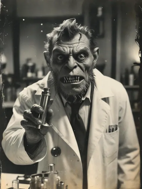35mm Vintage photo of, B&W 35mm Vintage photo of The monster scientist , illustration, <lora:Vintage_Street_Photo:0.8>