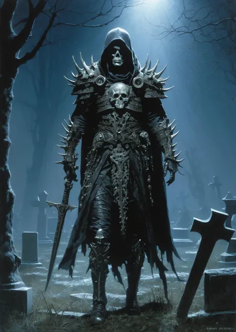 Cinematic shot of a necromancer , wearing bone armor, bone spikes, walking through a graveyard
shadow
dramatic light (night, aurora:1.1), oblique light, Transparent of light detailed background, items, masterpiece, best quality, , absurdres, (intricate details, hyperdetailed, full body, perspective from below), good anatomy
(art by Gabriele
Dell'otto Alex Maleev)