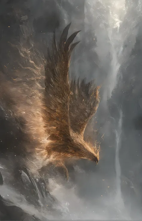 impressive huge phoenix gliding over a mountain waterfall cliff in a windy atmosphere by James Gurney,Peter Paul Rubens,Dan Witz,Atey Ghailan,intricate,hyperdetailed,depth of field,fire,smoke,burning particles,ash,disturbing masterwork by head of prompt engineering,<lora:add-detail-xl:0.5>,<lora:å½é£æç»SDXL:0.74>,