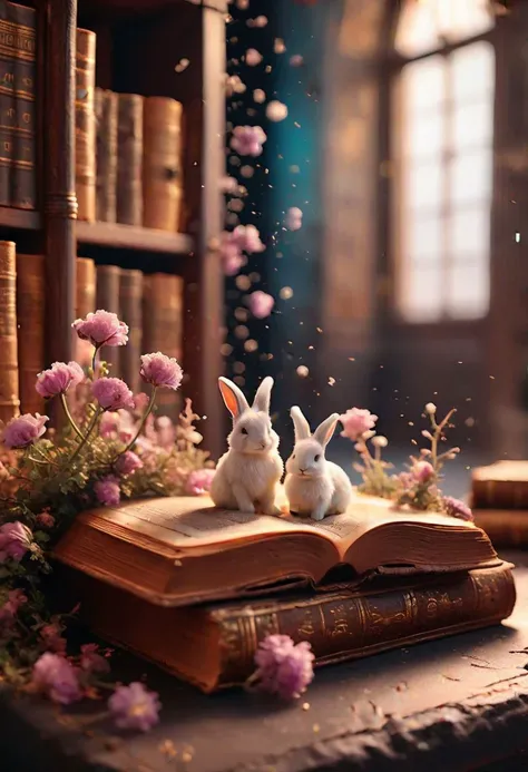 Ancient book of life, in library of Alexandria, magical dust, bokeh blur background, award winning fantasy digital Art (style of Alena Aenami:1.5) , ambient light, 8k, hollowed-out book, a miniature world inside, adorable fluffy bunnies dry flowers