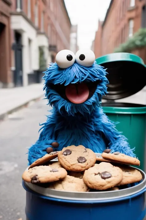photograph head  portrait of blue fluffy fur Cookie monster holding a bitten off cookie,, looks with a grin at viewer, (lot of cookie crumbled ), detailed photograph shot on kodak, high depth of field, background of a street (metallic rubbish bin)