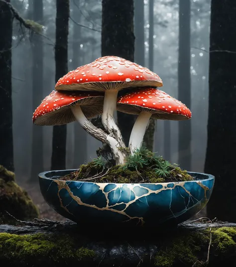 brocade cracked kintsugi artistic, wet watercolor painting of beautiful mushroom in bonsai pot, double exposure on dark forest scenery, mesmerizing beauty, pretty features, iridescent, Luis Royo, Agnes Cecile, Ruan Jia, masterwork by head of prompt engineering, <lora:add-detail-xl:1> <lora:shadow-XL:1>