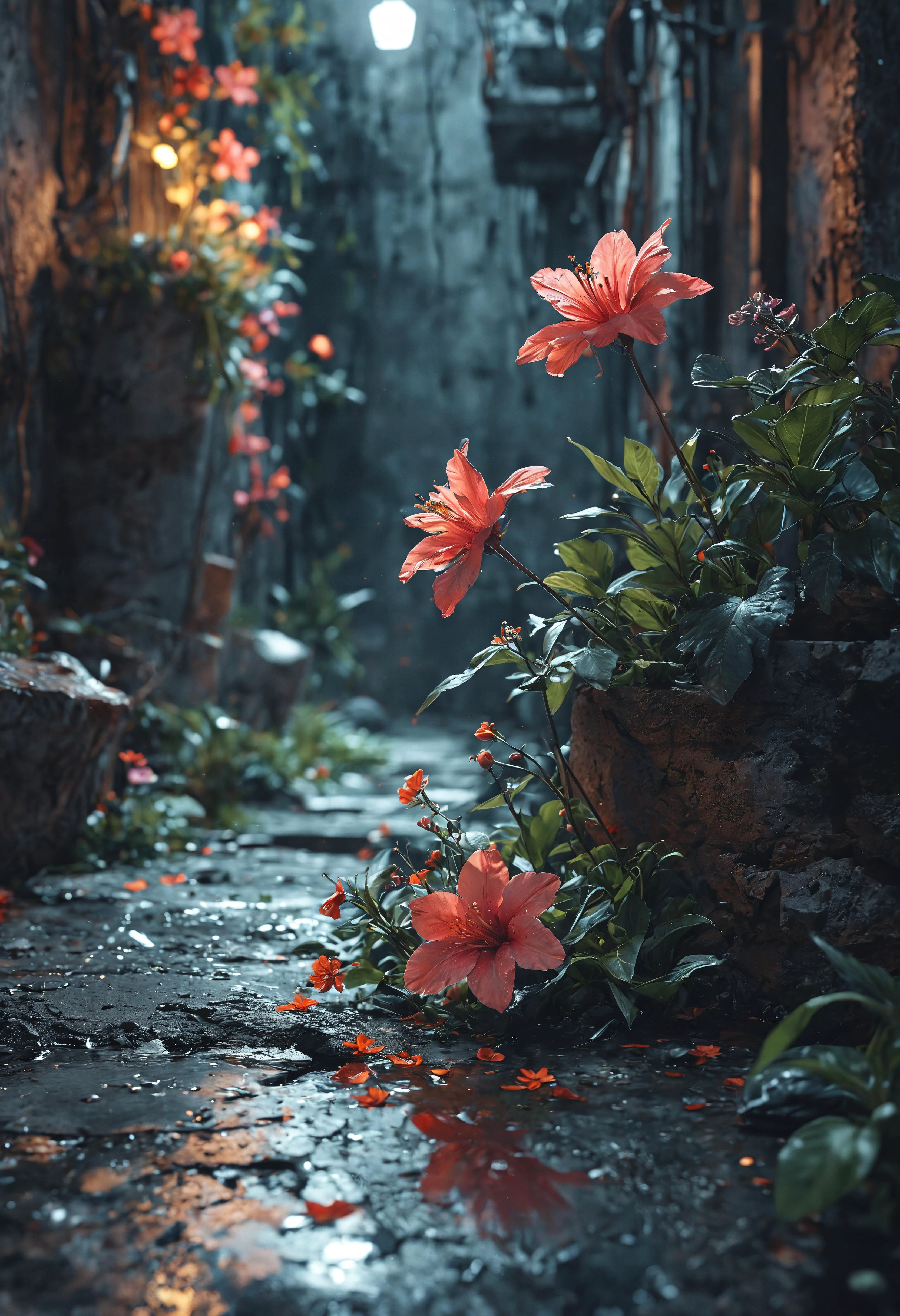 a 1flower in a concrete jungle with plants and flowers at night, cinematic, wlop, concept art, digital painting, trending on artstation, highly detailed, epic composition, official media, 8 k uhd<lora:MJ52:0.5> <lora:add-detail-xl:1>