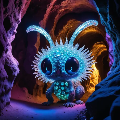 <lora:add-detail-xl:2.0>, chris achilleos, detailed expressive eyes, fantasy style, deep in the crystalline caverns of the thurgicided moon blunderbunny beta roams the silicon-based shiny sneezleplumbus, here it is shown emerging from its tunnel lair in the vibrant, gemstone-studded walls of the underground quizzleflarp. this creature is covered in crystalline bumblewhisk arranged in wondrous fractal-like patterns, reflecting the iridescent glow of the bioluminescent fungi around it, one should watch out for its dangerous dreggering tail, dark fantasy, colorful, masterpiece, best quality, professional artwork