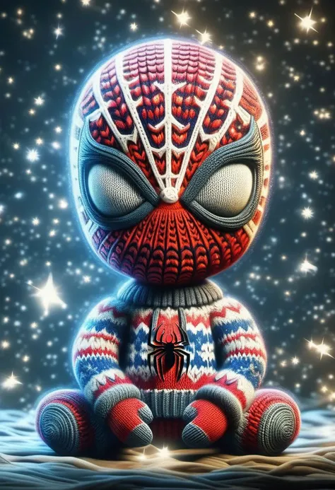 christmassweater, Highly detailed Dynamic shot of majestic adorable spiderman, high quality, beautiful masterpiece, fantasy creature, kawaii, digital art, glowing sparkles
