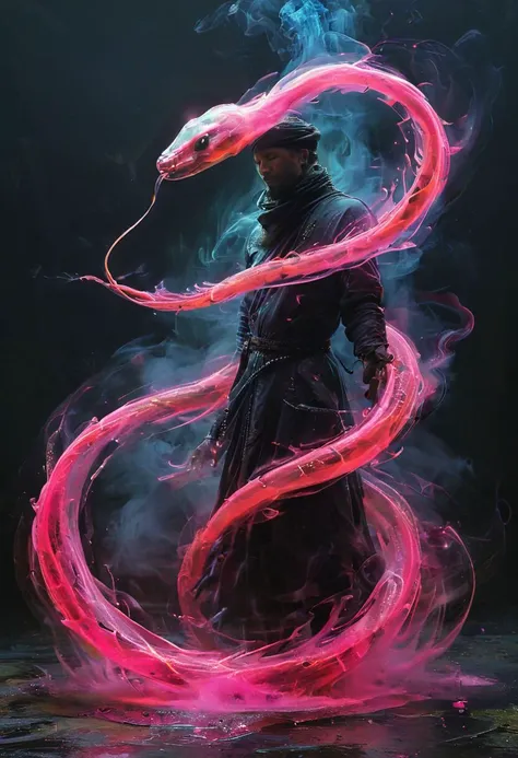 Snkmn, snakemen make natural alchemists dur to venom knowledge, neon pink and lime flasks spew a poisonous toxic cloud, black, salmon, twirl