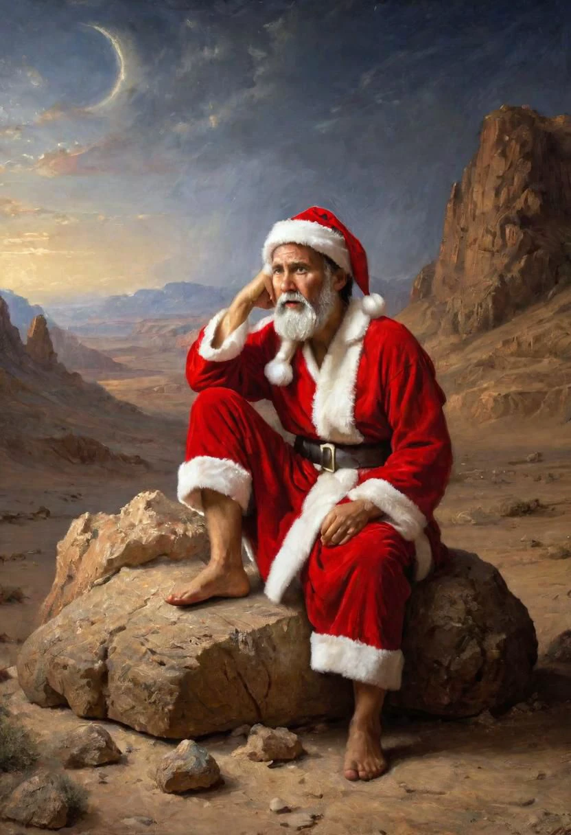 Jesus Sitting on a rock wearing a santa hat, desert, (sad, suffering:1.3), robe,
(masterpiece, best quality, intricate details:1.4)