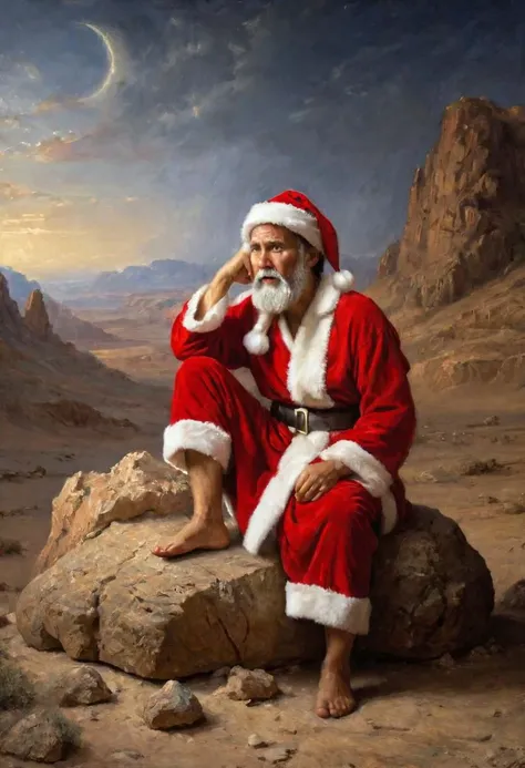 Jesus Sitting on a rock wearing a santa hat, desert, (sad, suffering:1.3), robe,
(masterpiece, best quality, intricate details:1.4)