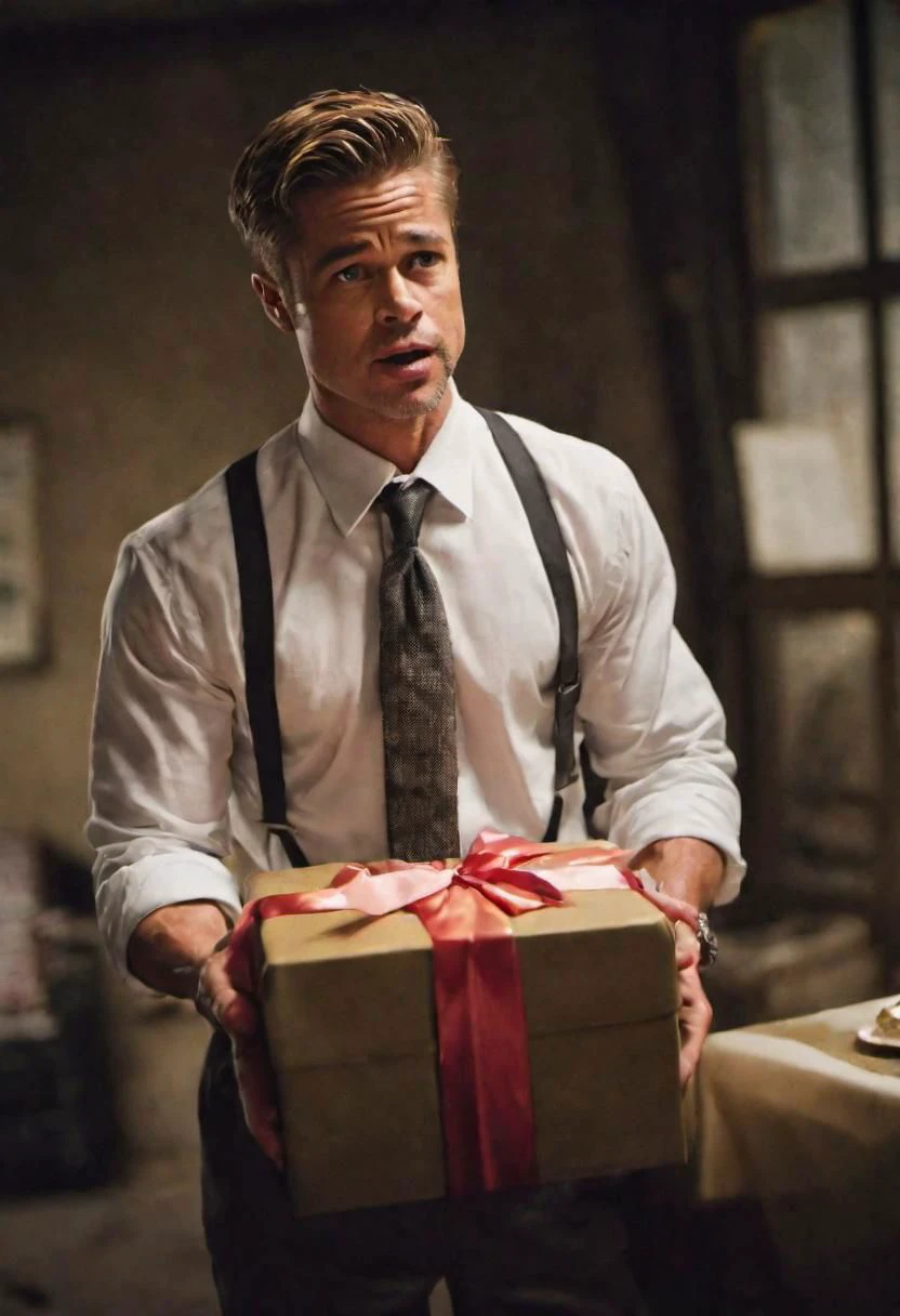 Movie scene of film (((Seven))), young (Brad Pitt) with (((short hair))), white shirt, black tie and (braces), opening only one big gift box, surprised ((terrorized)) face, looking into the box, darkish environment, dirth everywhere, Tilt-shift, illustration, Super high Contrast, beautiful color coding, beautiful color grading,