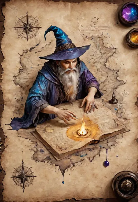 old book style ink illustration, on parchment on a map sitting on a wizard s desk, ink splashes, ink stains, ink smears, faded ink, magical spell, pantless,