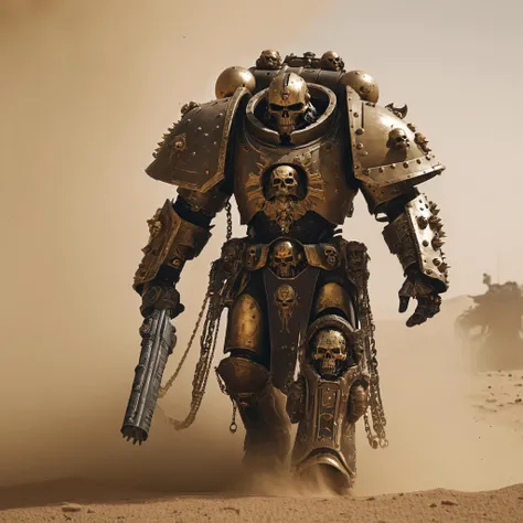 Cinematic scene of a strong man, wearing warhammer 40k armor, metal spikes, extremely detailed armor adorned with golden skulls, adeptus mechanicus, walking through a sandstorm