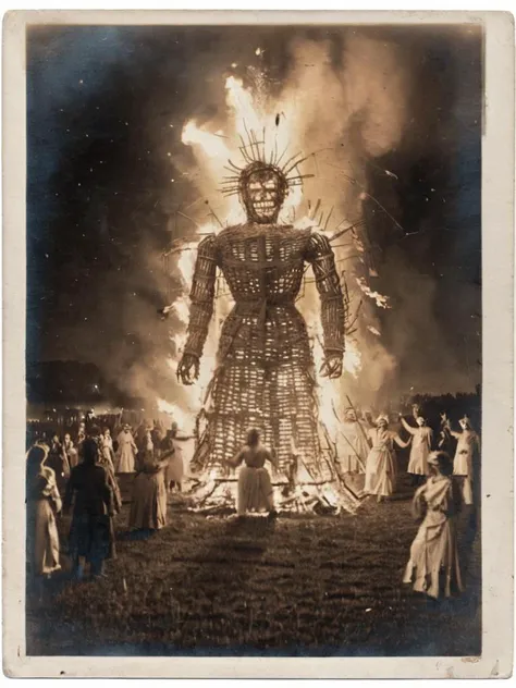 an enormous burning wicker man, in a field, night time, surrounded by robed dancing figures <lora:rppc:1>