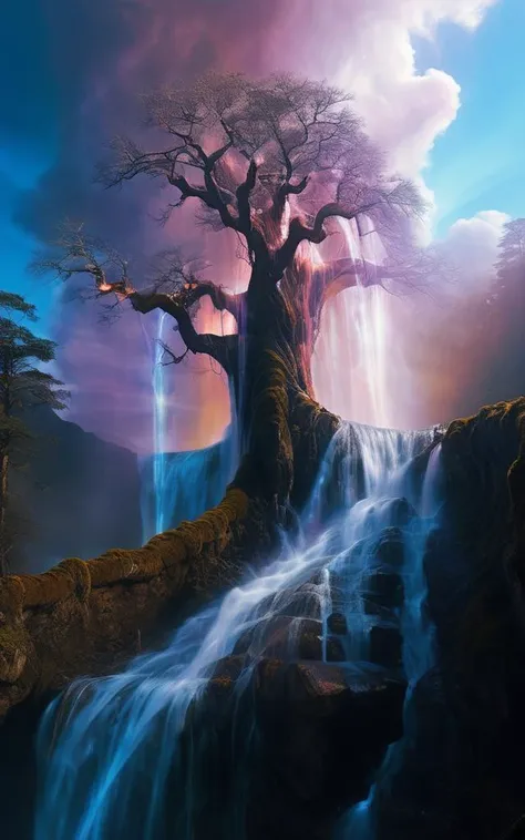 fluffy gnarly magical tree (made out of clouds:1.2) with static (iridescent electricity:1.5) charge, besouled tree, a perfect photography by Killian Eng, Andree Wallin, Mark Mann, Marc Simonetti, Albrecht Drer, wlop, Jeremy Geddes, vibrant dark colors, intricate artwork masterpiece, impressive energy, stunning, cloudy, fluffy heavenly scenery, amazing depth, hyperdetailed, artistic fantasy nanopunk, (surreal electric waterfall:1.3), surreal photorealism, complex masterwork by head of prompt engineering <lora:add-detail-xl:2> <lora:Aether_Ghost_v1.1_LoRA:1.5>