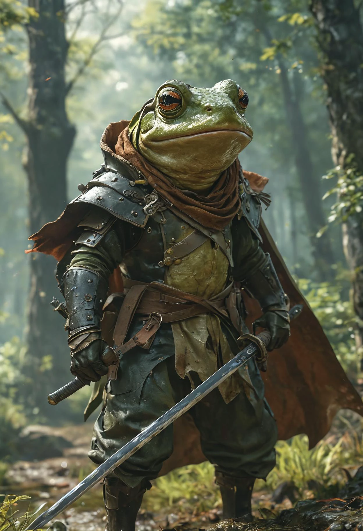Anime style, ultra detailed, masterpiece, a forest field of battle, an anthropomorphic frog swordsman preparing to leap, wearing a cloak and scabbard <lora:add-detail-xl:1> <lora:MJ52:0.5>