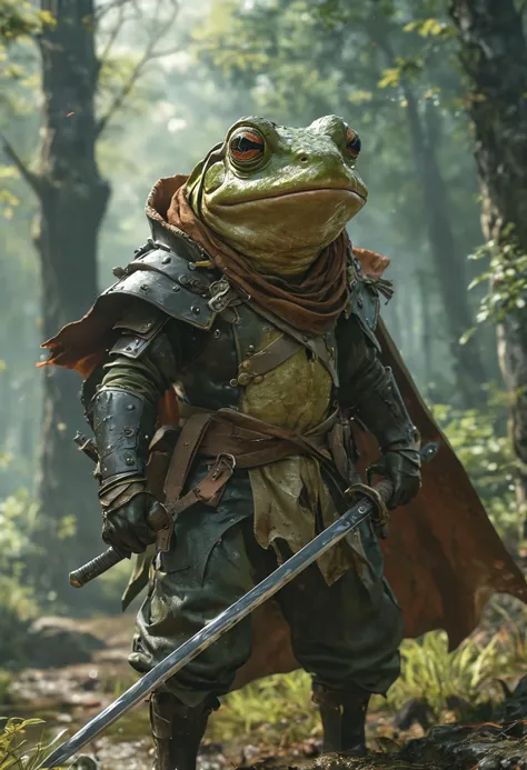 Anime style, ultra detailed, masterpiece, a forest field of battle, an anthropomorphic frog swordsman preparing to leap, wearing a cloak and scabbard <lora:add-detail-xl:1>  <lora:MJ52:0.5>