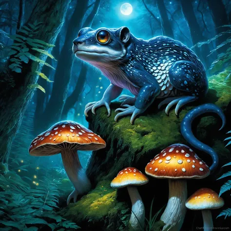 <lora:add-detail-xl:2.0>, jim pavelec, detailed expressive eyes, fantasy style, the mystical inert logwonk, shown here with its iridescent scales briscmeggling in the moonlight, it often shmuggles among bioluminescent mushrooms and fireflies in the ramshmorgeling forest glades on planet laugternova vi, dark fantasy, colorful, masterpiece, best quality, professional artwork