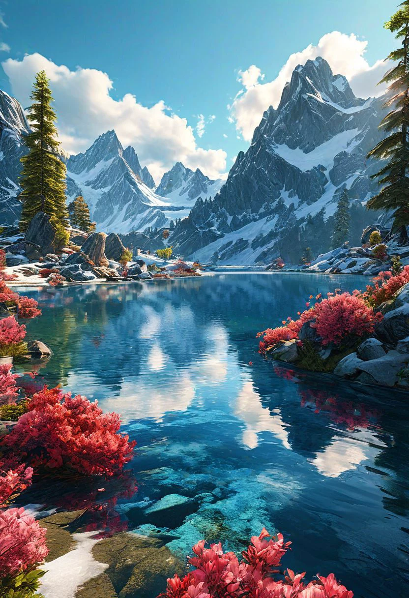 (ultra high res:1.4), (masterpiece:1.4), (beautiful lighting:1.4) Serene mountain lake nestled amidst towering peaks, lush greenery, and vibrant blossoms. Bright sunlight illuminates the crystal-clear water, accentuating distant snow-capped summits under a vivid blue sky adorned with fluffy white clouds. Fantasy game art design captures the majestic scenery with wide-angle perspective and high resolution.