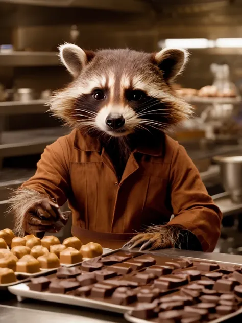 film still of Rocket Racoon working as a chocolatier in the new Avengers movie, 4k