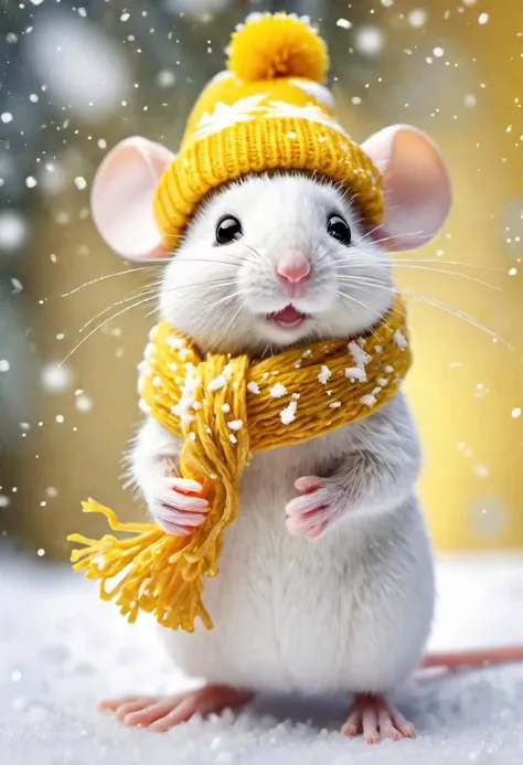 Microscopic image of kute mini white mouse with yellow Christmas hat and scarf with icicles snowballs and ribbons and pine cones and pine needles and gift christmas, blurred background yellow, falling snow, falling snowflakes, unbelievably beautiful. Tilt-shift. illustration, Super high Contrast, beautiful color coding, beautiful color grading,