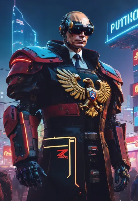 (best quality) , detailed, <lora:cyborg_style_xl-alpha:0.96> russian flag coat of arms eagle on armor, glowing robotic eyes, soviet russian futuristic neon moscow city many people on background, in cyberpunk 2077 style, extreme low angle, by Ismail Inceoglu