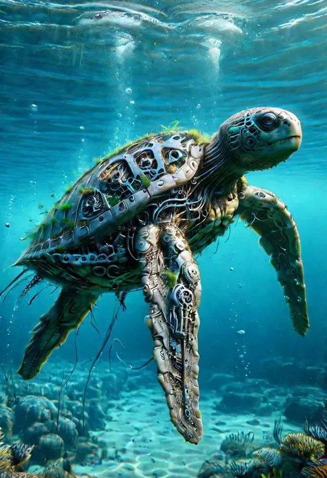 ais-postdyz sea turtle swimming underwater, looks beautiful and aesthetic