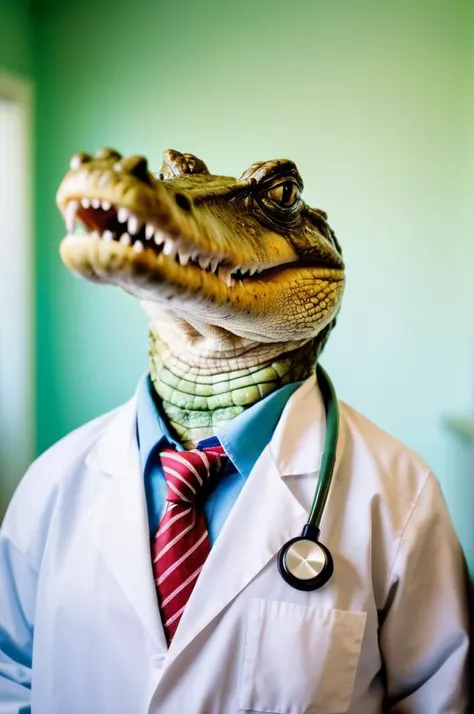 photograph close up portrait of an crocodile wearing a doctor's coat and tie and holding a stethoscope, doctor's room, detailed photograph shot on kodak, bright day, looking at viewer, wide angle
