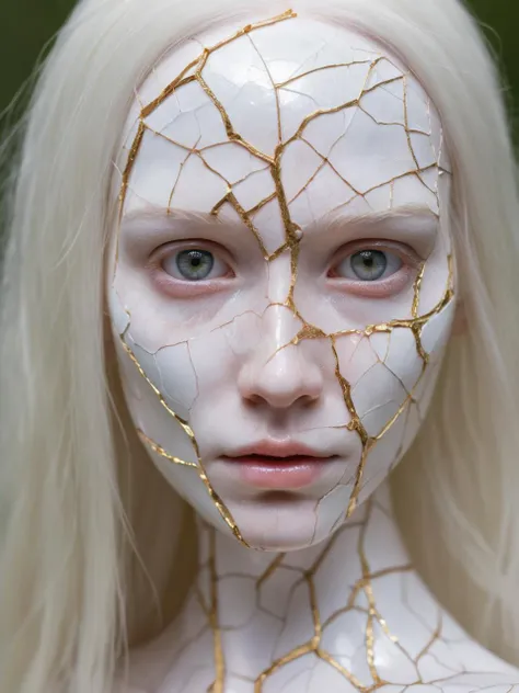 portrait of a doll with porcelain kintsugi skin, cracked skin, shattered porcelain skin, deep fine cracks, kintsugi, soft focus, half body editorial shot, detph of field, uncanny, long white hair, stunning perfect shining eyes, pale skin, shy smile, intricitaly hyperdetailed, amazing depth, expansive details, cracked surface, iridescent surface, Anna Dittmann, Dominic Qwek, complex masterwork by head of prompt engineering <lora:d3qck artstyle:0.9> <lora:Anna_Dittmann_Style_XL0.81>